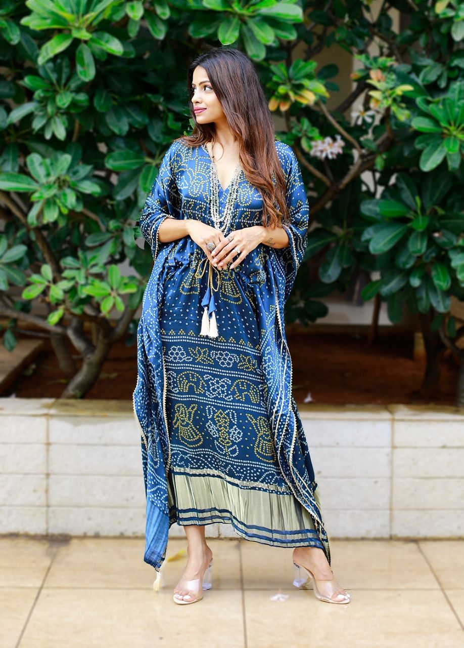 Blue Dot Printed Designer Kaftan with Ethnic Motifs